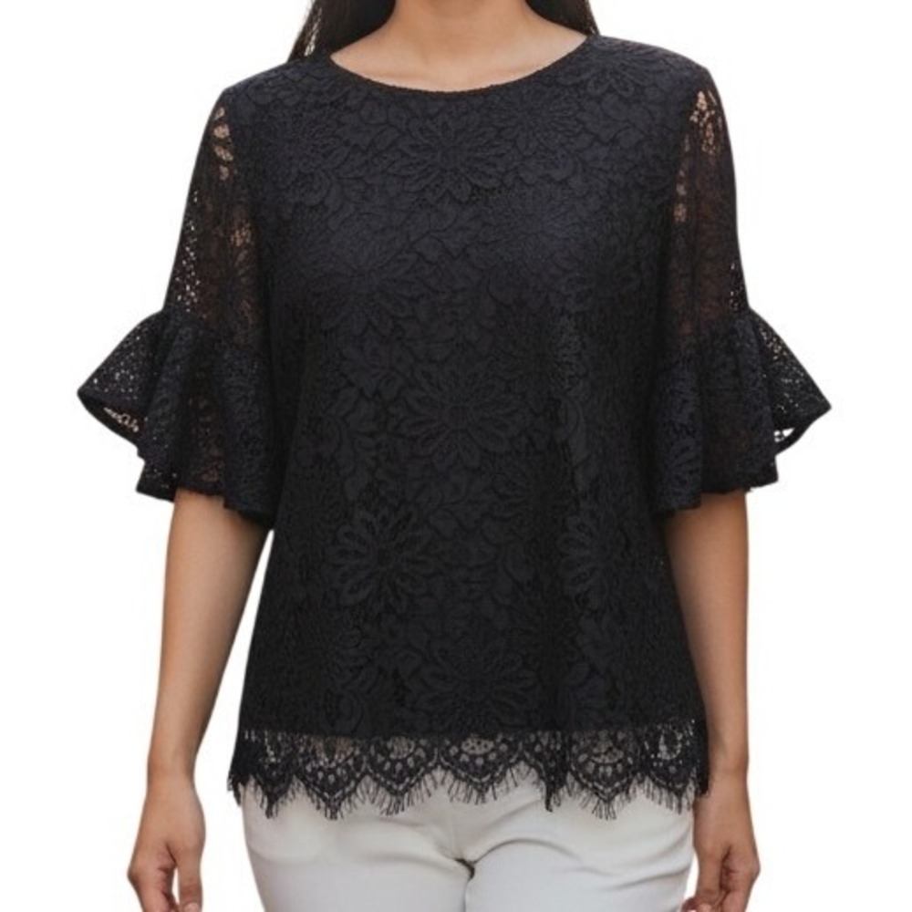 NANETTE LEPORE Spring Fling Dark Navy Floral Lace‎ Ruffle Bell Sleeve Top NWT S